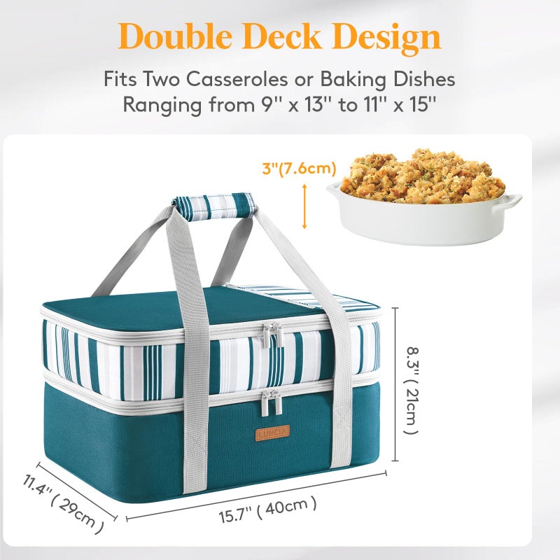 LUNCIA Double Decker Insulated Casserole Carrier for Hot or Cold Food, Lasagna Holder Tote for Potluck Parties/Picnic/Cookouts, Fits 9"x13" Baking Dish, Green - Image 2